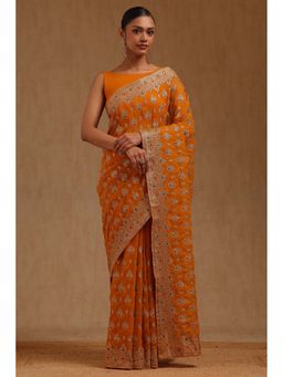 Soch - Womens Red Georgette Embroidered Zari Saree with Unstitched Blouse