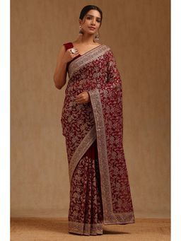 Soch - Womens Wine Georgette Embroidered Stone Work Saree with Unstitched Blouse