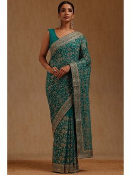 Soch - Womens Teal Green Georgette Embroidered Stone Work Saree with Unstitched Blouse