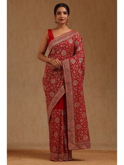 Soch - Womens Red Georgette Embroidered Stone Work Saree with Unstitched Blouse