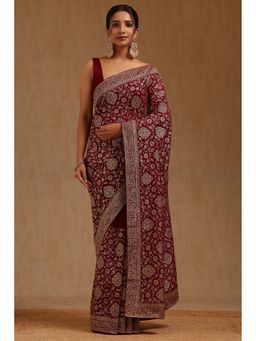 Soch - Womens Wine Georgette Embroidered Stone Work Saree with Unstitched Blouse