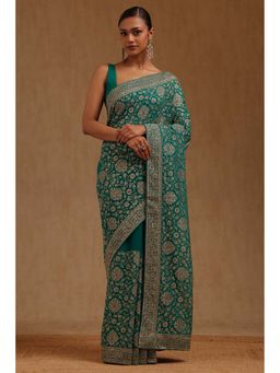 Soch - Womens Turquoise Blue Georgette Embroidered Stone Work Saree with Unstitched Blouse