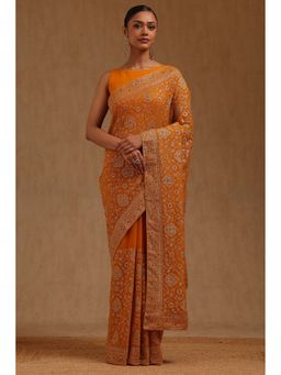 Soch - Womens Mustard Georgette Embroidered Stone Work Saree with Unstitched Blouse