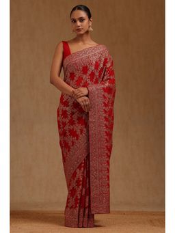 Soch - Womens Red Georgette Embroidered Zari Saree with Unstitched Blouse