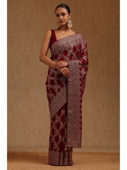 Soch - Womens Wine Georgette Embroidered Zari Saree with Unstitched Blouse