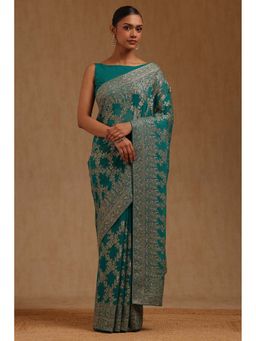 Soch - Womens Turquoise Blue Georgette Embroidered Zari Saree with Unstitched Blouse