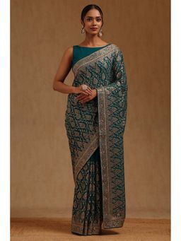 Soch - Womens Green Georgette Embroidered Zari Saree with Unstitched Blouse