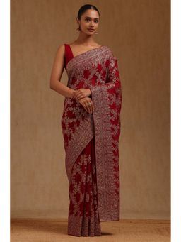 Soch - Womens Maroon Georgette Embroidered Zari Saree with Unstitched Blouse