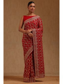 Soch - Womens Red Georgette Embroidered Stone Work Saree with Unstitched Blouse