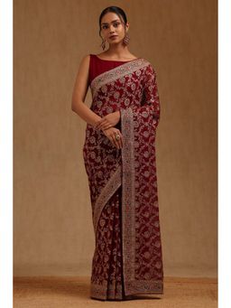 Soch - Womens Wine Georgette Embroidered Stone Work Saree with Unstitched Blouse