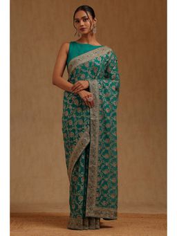 Soch - Womens Turquoise Blue Georgette Embroidered Stone Work Saree with Unstitched Blouse