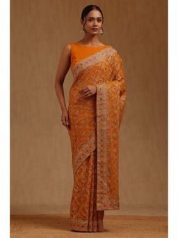 Soch - Womens Mustard Georgette Embroidered Stone Work Saree with Unstitched Blouse