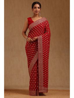 Soch - Womens Red Georgette Embroidered Stone Work Saree with Unstitched Blouse