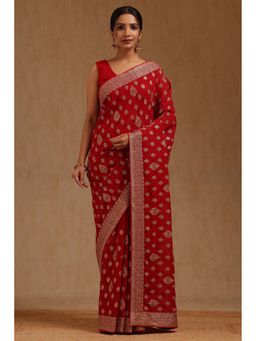 Soch - Womens Red Georgette Embroidered Stone Work Saree with Unstitched Blouse