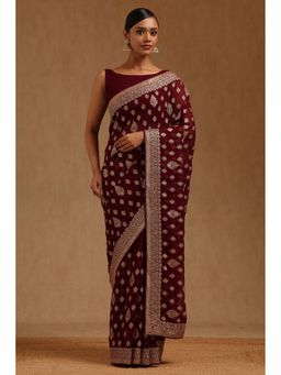 Soch - Womens Wine Georgette Embroidered Stone Work Saree with Unstitched Blouse