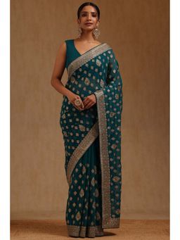 Soch - Womens Teal Georgette Embroidered Stone Work Saree with Unstitched Blouse