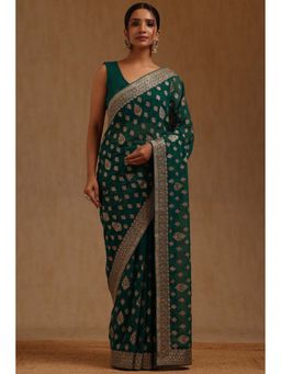Soch - Womens Green Georgette Embroidered Stone Work Saree with Unstitched Blouse