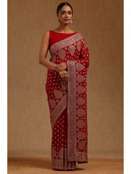 Soch - Womens Red Georgette Embroidered Stone Work Saree with Unstitched Blouse