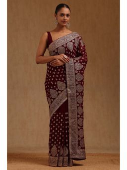 Soch - Womens Wine Georgette Embroidered Stone Work Saree with Unstitched Blouse