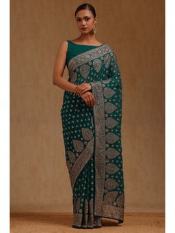 Soch - Womens Turquoise Blue Georgette Embroidered Stone Work Saree with Unstitched Blouse