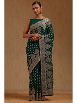 Soch - Womens Teal Green Georgette Embroidered Stone Work Saree with Unstitched Blouse