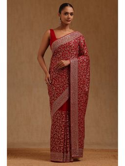 Soch - Womens Red Georgette Embroidered Zari Saree with Unstitched Blouse