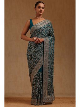 Soch - Womens Turquoise Blue Georgette Embroidered Zari Saree with Unstitched Blouse