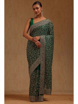 Soch - Womens Green Georgette Embroidered Zari Saree with Unstitched Blouse