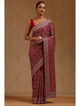 Soch - Womens Red Georgette Embroidered Zari Saree with Unstitched Blouse