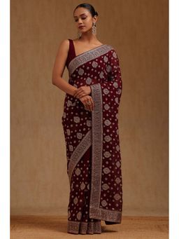 Soch - Womens Wine Georgette Embroidered Stone Work Saree with Unstitched Blouse