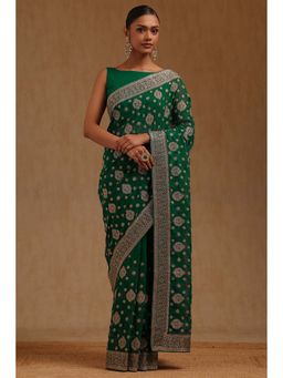 Soch - Womens Green Georgette Embroidered Stone Work Saree with Unstitched Blouse