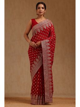 Soch - Womens Red Georgette Embroidered Zari Saree with Unstitched Blouse