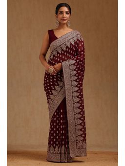 Soch - Womens Wine Georgette Embroidered Zari Saree with Unstitched Blouse