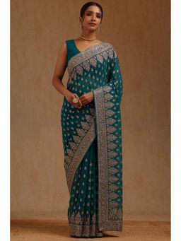Soch - Womens Turquoise Blue Georgette Embroidered Zari Saree with Unstitched Blouse