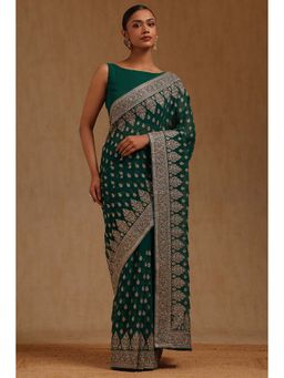 Soch - Womens Green Georgette Embroidered Zari Saree with Unstitched Blouse