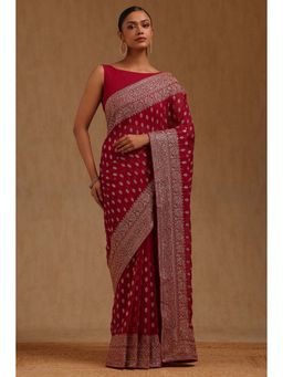 Soch - Womens Red Georgette Embroidered Zari Saree with Unstitched Blouse