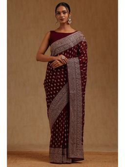 Soch - Womens Wine Georgette Embroidered Zari Saree with Unstitched Blouse