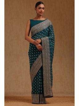 Soch - Womens Turquoise Blue Georgette Embroidered Zari Saree with Unstitched Blouse