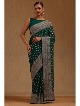 Soch - Womens Teal Green Georgette Embroidered Zari Saree with Unstitched Blouse