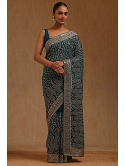 Soch - Womens Turquoise Blue Georgette Embroidered Stone Work Saree with Unstitched Blouse