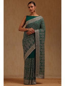 Soch - Womens Teal Green Georgette Embroidered Stone Work Saree with Unstitched Blouse