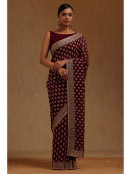 Soch - Womens Wine Georgette Embroidered Stone Work Saree with Unstitched Blouse