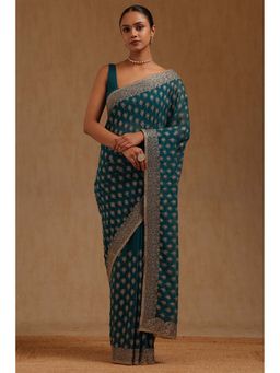 Soch - Womens Teal Georgette Embroidered Stone Work Saree with Unstitched Blouse