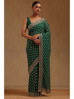 Soch - Womens Green Georgette Embroidered Stone Work Saree with Unstitched Blouse