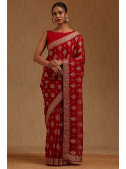 Soch - Womens Red Georgette Embroidered Zari Saree with Unstitched Blouse