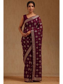 Soch - Womens Wine Georgette Embroidered Zari Saree with Unstitched Blouse