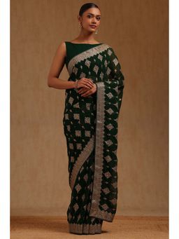 Soch - Womens Green Georgette Embroidered Zari Saree with Unstitched Blouse