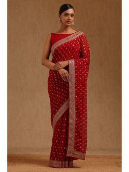Soch - Womens Red Georgette Embroidered Stone Work Saree with Unstitched Blouse
