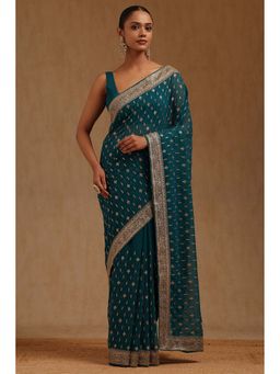 Soch - Womens Teal Green Georgette Embroidered Stone Work Saree with Unstitched Blouse