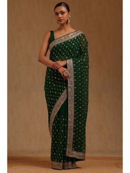 Soch - Womens Green Georgette Embroidered Stone Work Saree with Unstitched Blouse